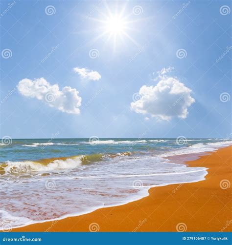 Long Sandy Sea Beach At Hot Sunny Day Stock Image Image Of Sunshine