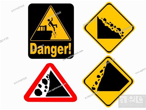 Danger Cliff Edge And Falling Rock Signs Stock Photo Picture And Low