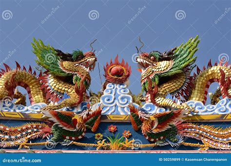 Double Chinese Dragon On The Temple Roof Stock Image Image Of