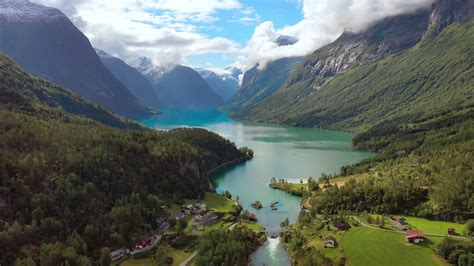 Beautiful Nature Norway Natural Landscape Aerial Footage Lovatnet Lake Lodal Valley Stock