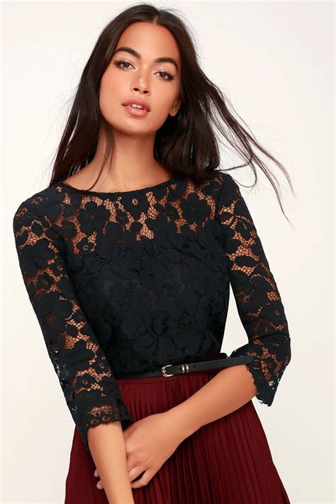 Lovely Black Top Lace Top Three Quarter Sleeve Top Top Lulus