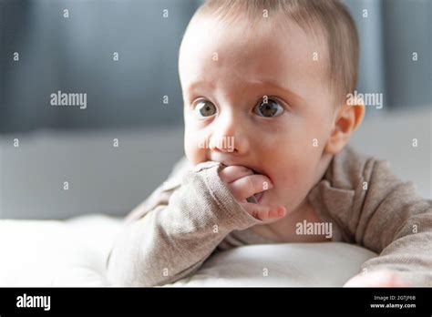 Portrait Of Cute Baby Lying On Bed Stock Photo Alamy