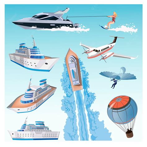 Premium Vector Set With Water Transport Cruise Big Ship Balloon