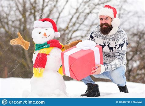 Winter Vacation Man Made Snowman Man Santa Hat Having Fun Outdoors Guy Happy Face Snowy