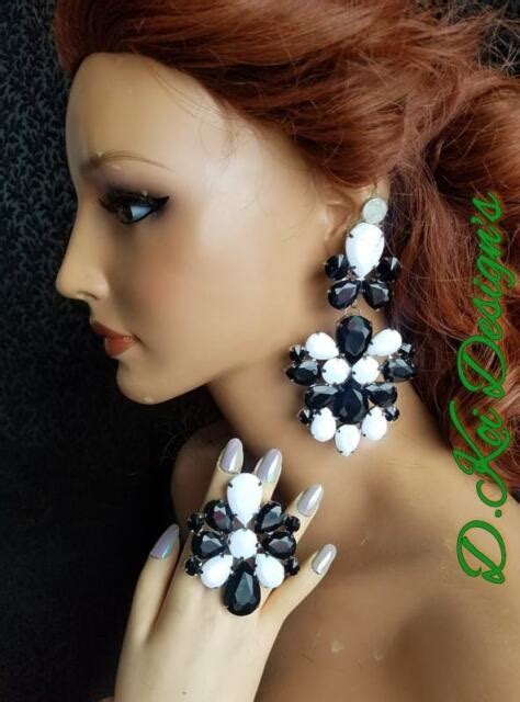 Drag Queen Jewelry Black White Gaudy Rupaul Earring And Ring Dance