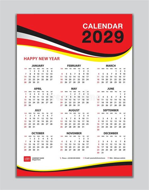 Wall Calendar 2029 Template Calendar 2029 Design Red Wave Background