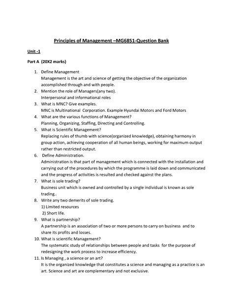 Principle Of Management Question Bank With Essay Questions And Answers