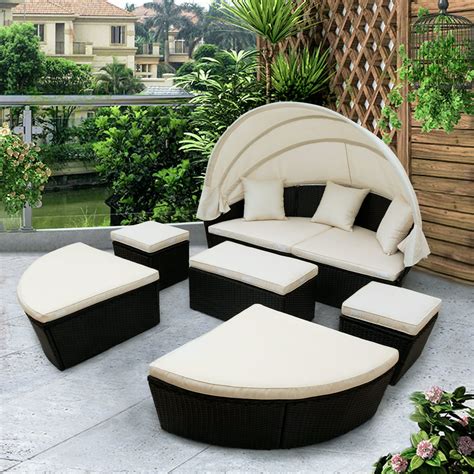 Outdoor Conversation Sets Round Patio Daybed Sunbed With Retractable