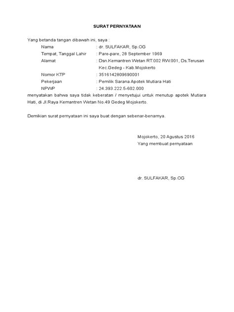 Pihak pemangku kepentingan, pemegang saham, serta perusahaan. Surat Pernyataan Penutupan Apotek
