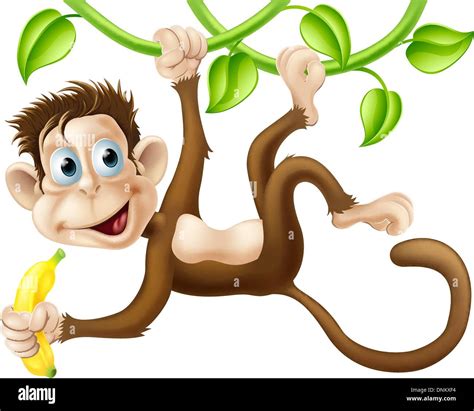 A Cute Monkey Swinging From Vines With A Banana In His Hand Stock