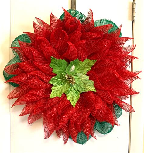 Poinsettia Deco Mesh Winter Wreath Handmade Winter Wreath Deco