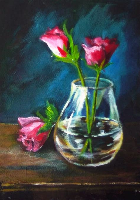 Three Roses An A Glass Vase A Learning The Trick Of Glass And