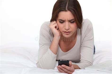 Woman Reading Disturbing Text Message Stock Photo Image Of Head