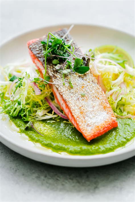 Seared Sockeye Salmon with Green Chile Adobo Sauce and Frisée Salad A Beautiful Plate