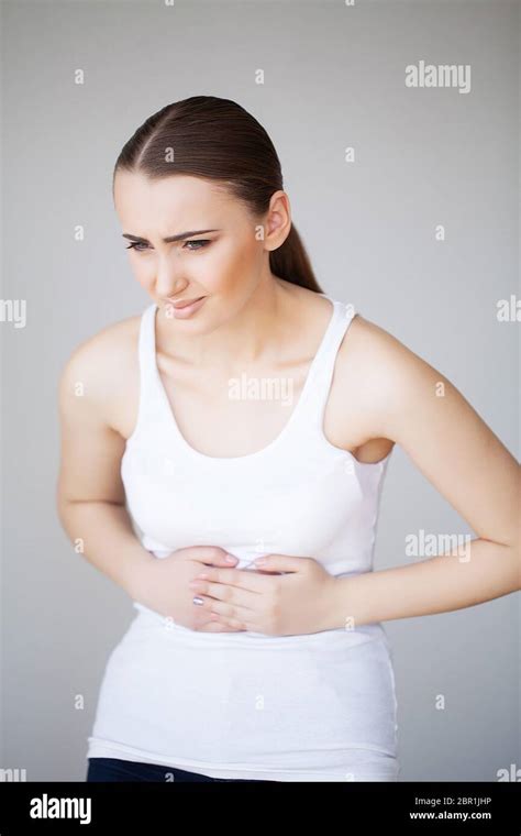 Stomach Pain Woman Having Painful Stomachache Female Suffering From Abdominal Pain Stock Photo