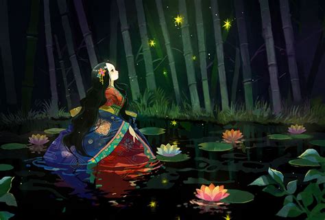 Lake Anime Girl Original Forest Magic Lotus Kimono Long