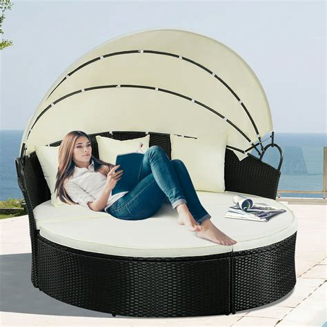 Costway Outdoor Patio Sofa Furniture Round Retractable Canopy Daybed Black Wicker Rattan