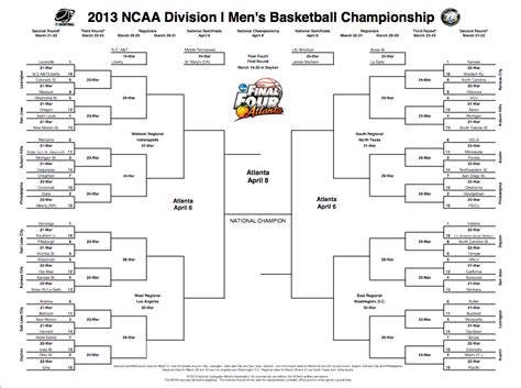 2013 Ncaa Tournament Printable Bracket College Basketball Nbc Sports