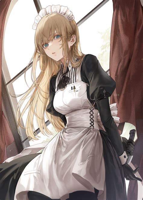 Safebooru 1girl Apron Bangs Black Gloves Black Legwear Collared Shirt Commentary Request