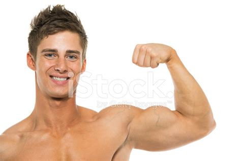 Smiling Muscular Man Flexing His Biceps Stock Photo Royalty Free
