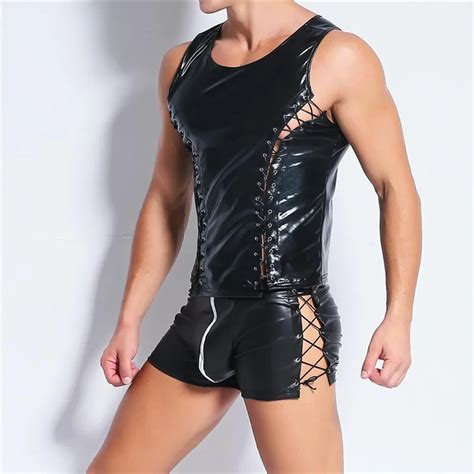 Sexy Men T Shirt Set Dance Faux Leather Short Sleeve Shiny PU