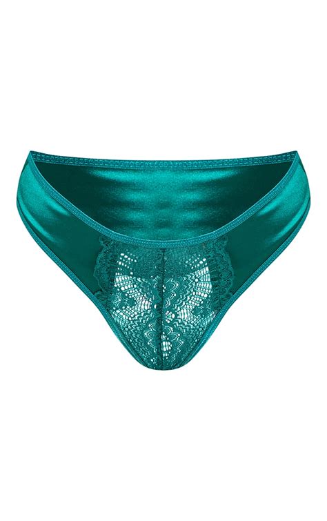Emerald Green Lace Front Panel Satin Thong Prettylittlething