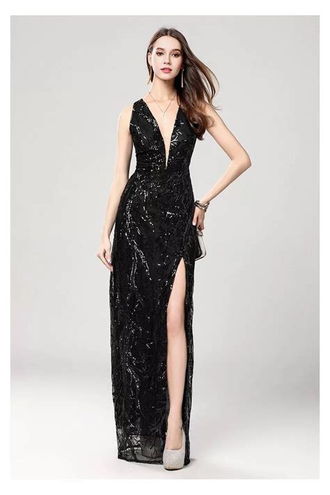 Sexy Black Sequin Deep V Neck Slit Prom Evening Dress 111 86 CK644