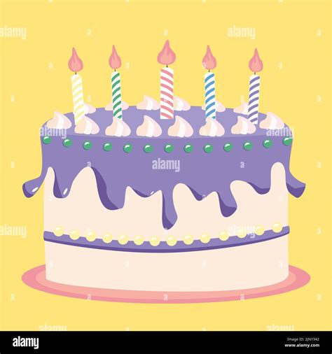Festive Birthday Cake With Candles Drawn In Cartoon Style Vector