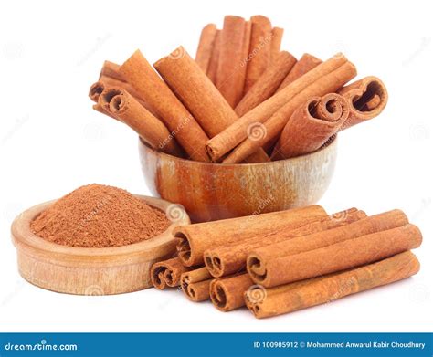 Bunch Of Some Fresh Aromatic Cinnamon With Powder Spice Stock Photo