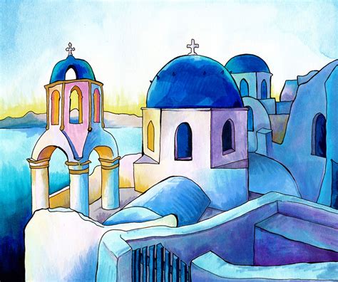 Mykonos Greece Watercolor Copic Marker And Ink On Paper Click