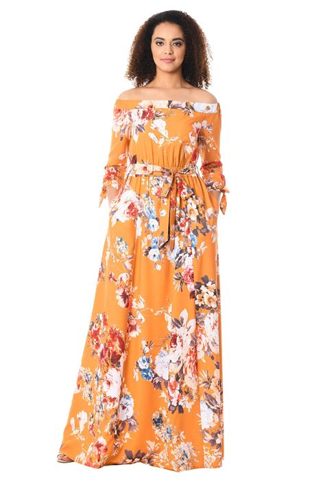 Shop Off The Shoulder Rose Print Crepe Maxi Dress Eshakti