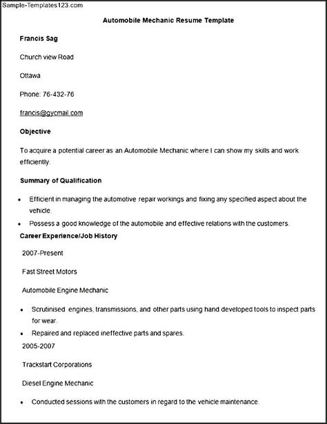 Automotive mechanic resume example for car mechanic with experience as ase certified technician and sample showing skills in general automotive repair. Sample Automobile Mechanic Resume Template - Sample ...