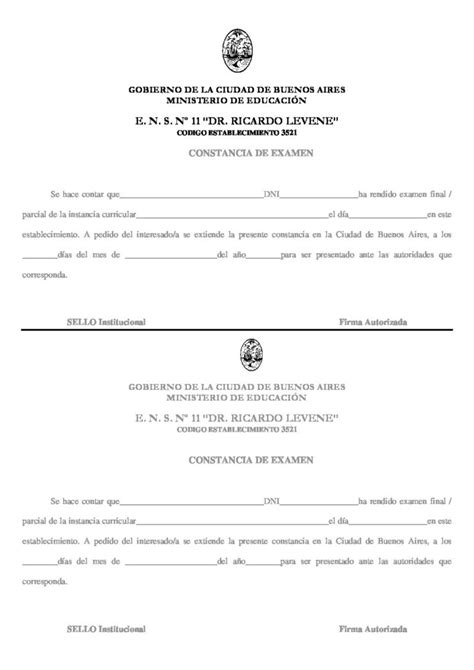 Constancia Examen Escuela Normal Superior Nro 11 Dr Ricardo Levene