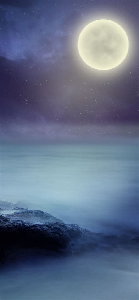 Full Moon Wallpaper 4k Starry Sky Sea Rocks Night Dark Background