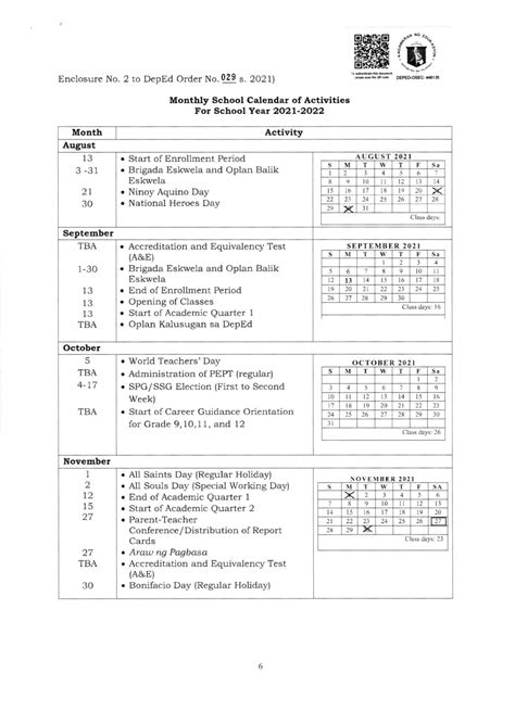 Deped Calendar Of Activities For Sy 2021 2022