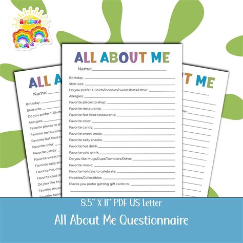 All About Me Questionnaire Pdf My Favorite Things Printable Etsy