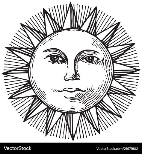 Black And White Hand Drawn Sun With Face Vector Image