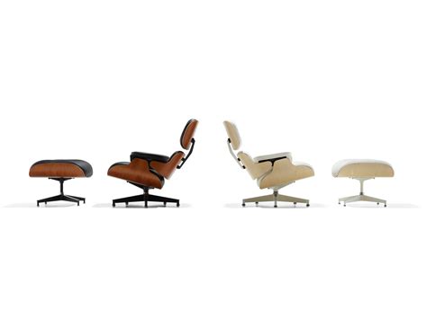 The eames lounge chair and ottoman in the eames house (alongside the classic eames sofa and walnut stools). A black leather Eames Lounge Chair and Ottoman and a white ...