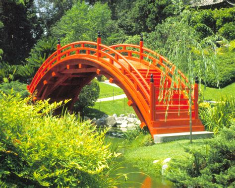 Japanese Garden Orange Small Bridge In The Park