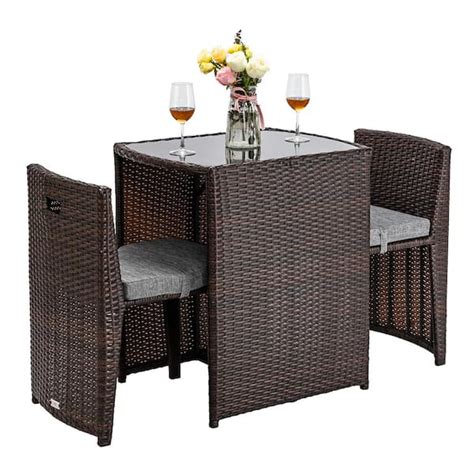 Vingli Brown 3 Piece Wicker Outdoor Bistro Set With Grey Cushions Small