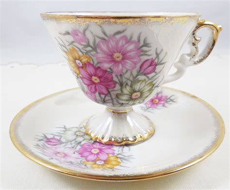 Enesco October Cosmos Teacup And Saucer Vintage Iridescent Etsy