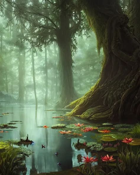 A Dark Magical Pond Surrounded By A Dense Forest Of Stable Diffusion