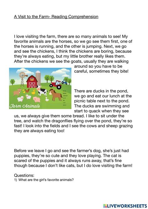 a visit to the farm reading comprehension worksheet reading comprehension reading