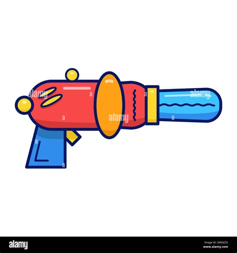 Flat Vector Illustration With Cartoon Blaster Blue And Yellow Laser