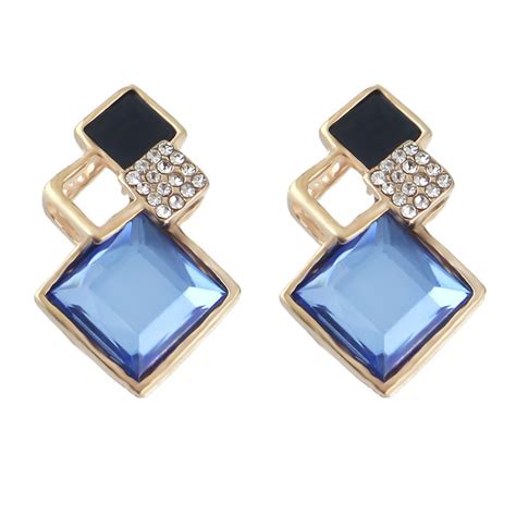 Simple But Elegant Stud Earring For Women Blue Enamel And Rhinestone