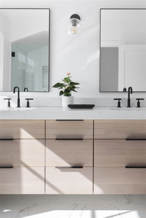 White Bathroom Natural Cabinets Minimalist Clean Matte Black Accents