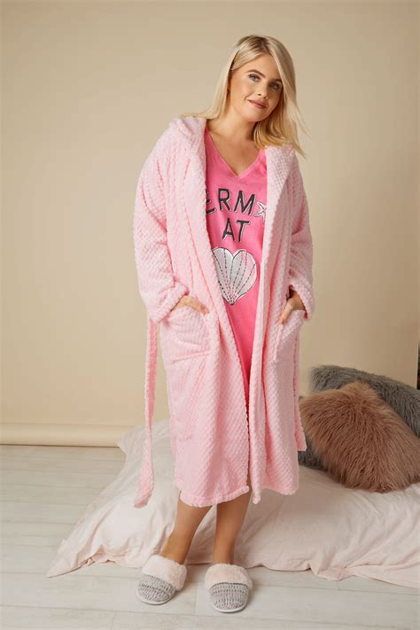 Pink Hooded Fleece Dressing Gown With Pockets Plus Size To