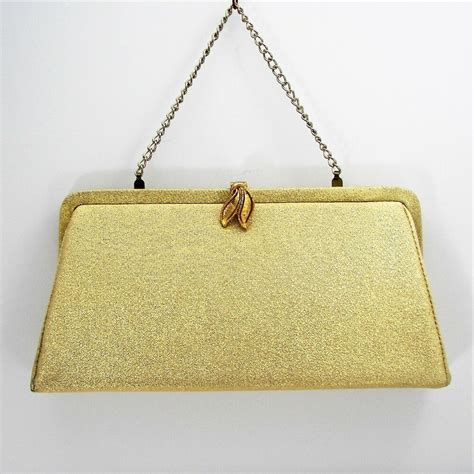 Metallic Gold Fabric Clutch Evening Bag Purse Gold Tone Metal Clasp
