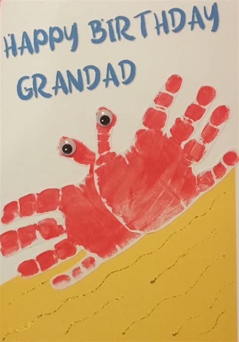 Birthday Card Baby Handprints Crab Red Beach Sand Googly Eyes