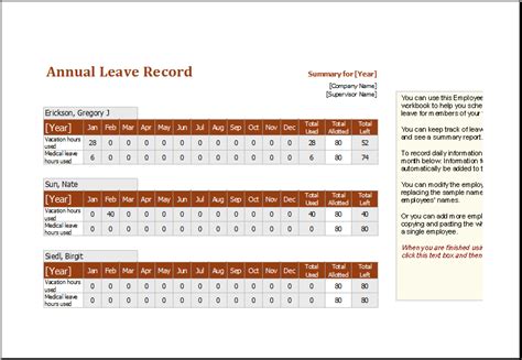 employee annual leave record spreadsheet editable ms excel